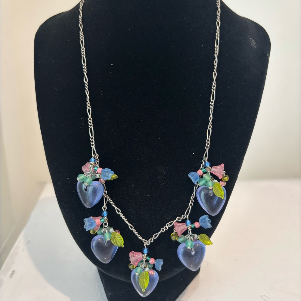 Vintage Blue Heart Pendant Necklace with Floral Accents